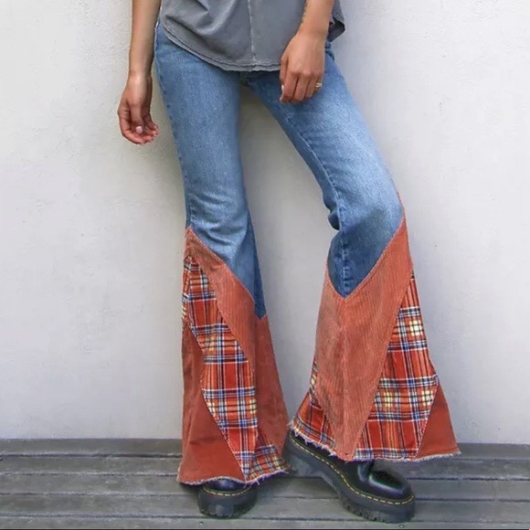 Free People Flashback Flares Blue Jeans Size 28 Plaid - Picture 4 of 12